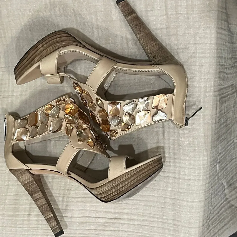 Jean-Michel Cazabat Crystal Embellished Platform Leather High Heels‎ Nude Sz 7.5
